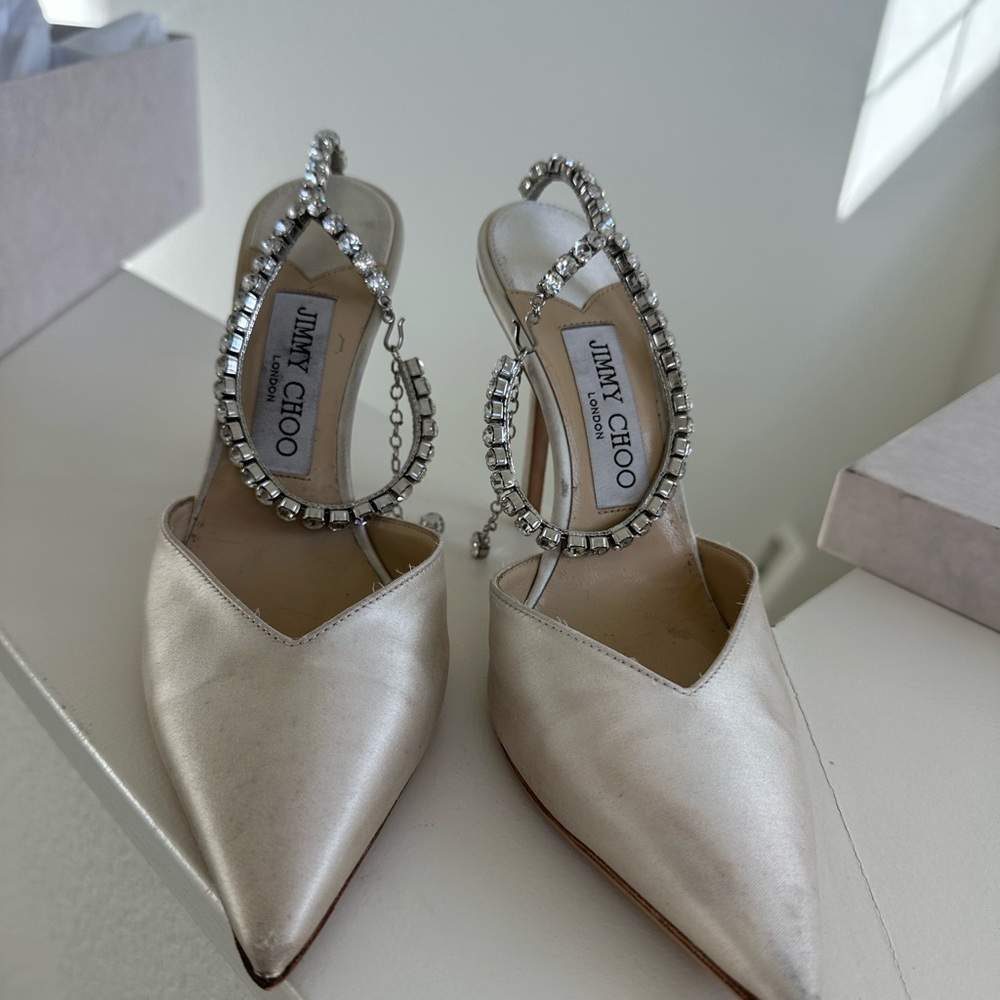 Jimmy Choo Saeda 100 Ivory Satin Pumps